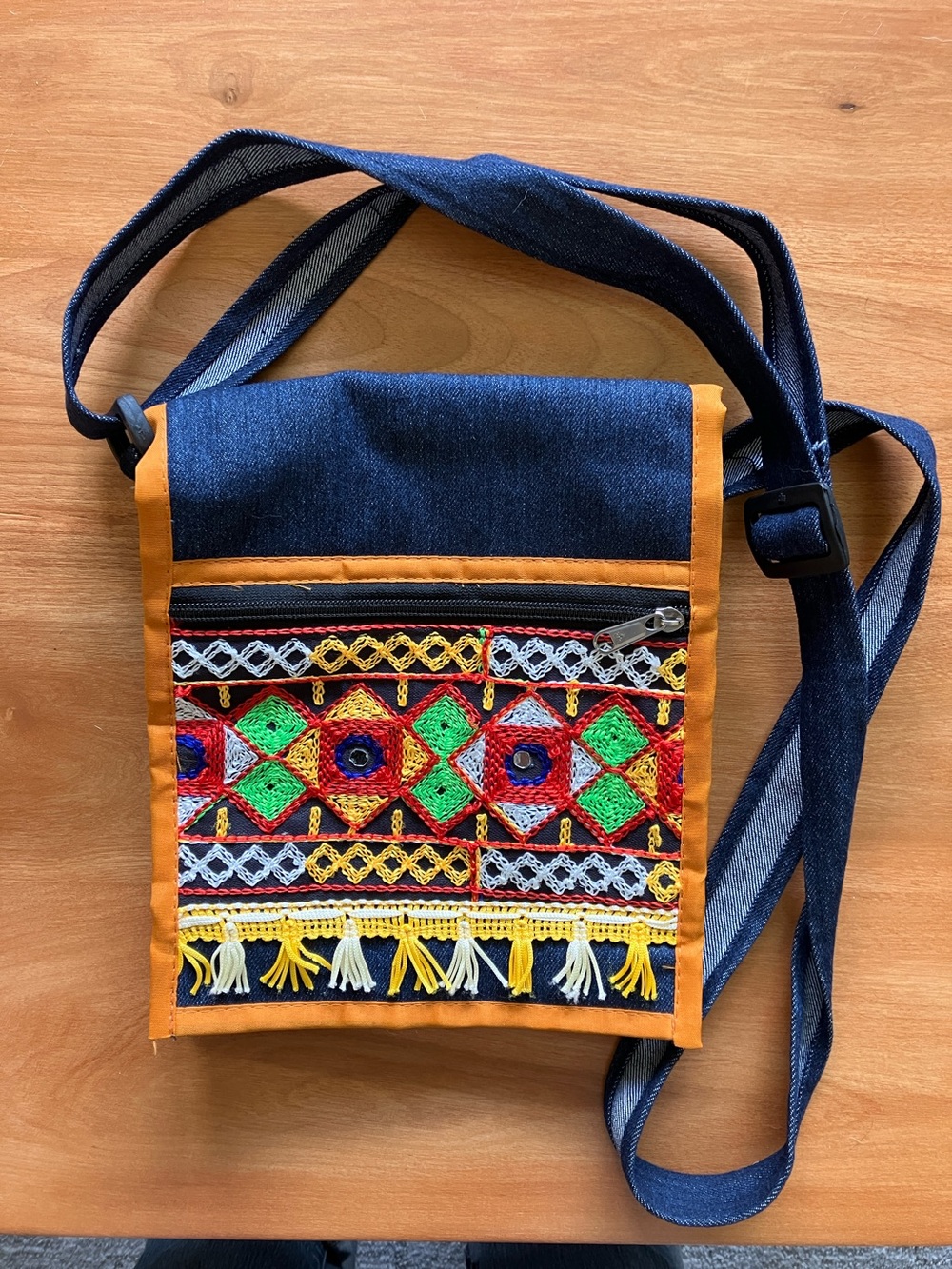 Denim  Embroidered Crossbody Bag - Navy Blue with Multicolor Accents